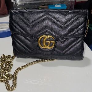 Black Quilted Leather Bag with Gold Chain